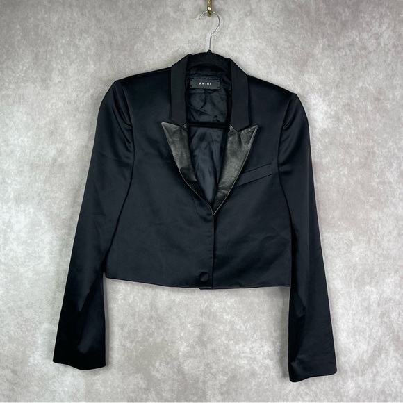 AMIRI Black Crop Satin Silk Leather Tuxedo Blazer In Black Women's Size 40 US S - Picture 1 of 9